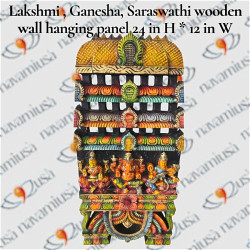 Lakshmi Ganesha Saraswathi Wooden Wall Hanging Panel – 24" H × 12" W