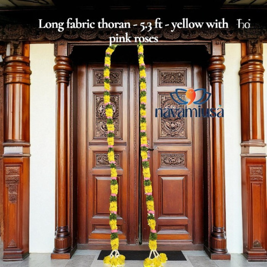 Long Fabric Thoran set of 2 – 5.3 ft (Yellow with Pink Roses) Long Fabric Thoran set of 2 – 5.3 ft (Yellow with Pink Roses)